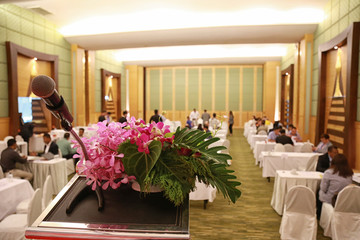 Microphones on stage in Conference Room.