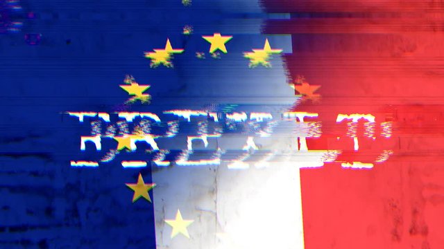 The words Frexit, what now?, appearing with digital noise and glitches over the mixed flags of Europe and France. Vintage texture.
