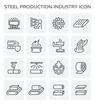 Steel production industry, manufacturing and metallurgy vector icon with mining and machine equipment i.e. production line, furnace, foundry. Include process of smelting, casting and making product.