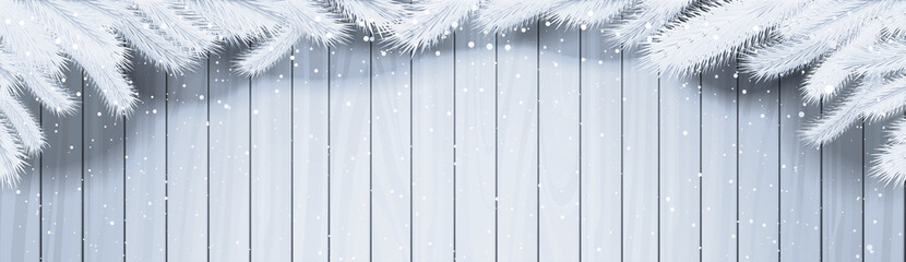 Winter Background Wooden Texture With White Fit Tree Branches And Snowflakes Horizontal Banner Vector Illustration - Powered by Adobe