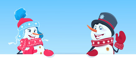 Holiday Decorartion Snowman Couple Holding Banner With Empty Copy Space Flat Vector Illustration