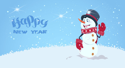 Happy New Year Greeting Card With Snowman In Hat And Scarf Holiday Decoration Flat Vector Illustration