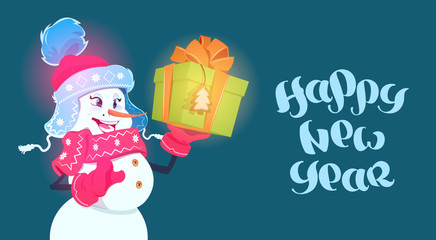 Happy New Year Poster Snowman Girl Hold Gift Box Winter Holidays Concept Flat Vector Illustration