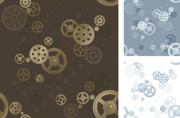 Steam punk pinions pattern. Vector seamless background of pattern with  pinions. Three kind of colors.