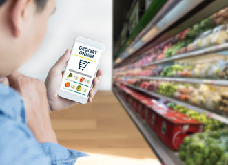 grocery shopping at upermarket mall grocery store vegetable  healthy food smart phone online...