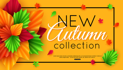 Autumn banner with paper leaves for online shopping, advertising actions, magazines and websites. Vector illustration.