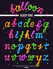 Full english alphabet written in colorful neon glossy font isolated cartoon flat vector illustration on black background. Word balloon as sample.