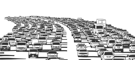 Illustration of rush hour traffic jam on freeway in black and white