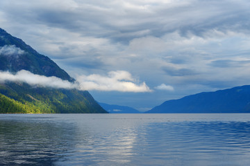 Teletskoye Lake in the morning. View from southern shore. Altai Republic. Russia