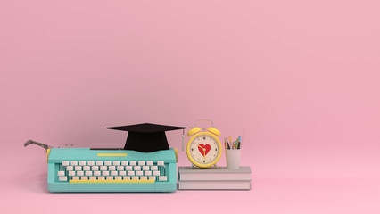 Graduation hat with fruit apple typewriter book on the table colorful education in front of pink wall lovely picture for copy space minimal fruit and object concept pastel colorful lovely picture art