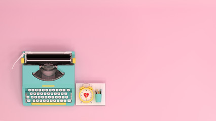 typewriter clock and pen and books top view on the table colorful education in front of pink wall lovely picture for copy space minimal fruit and object concept pastel colorful - obrazy, fototapety, plakaty