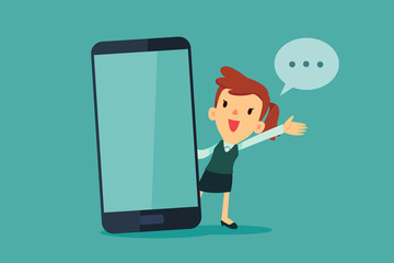 businesswoman talking beside smart phone with blank screen