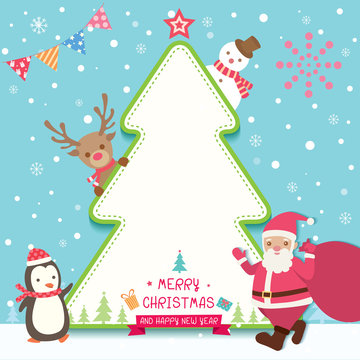 Christmas tree template decorated with santa claus, penguin, reindeer and snowman on snow background.