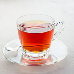 Healthy herbal rooibos red tea in glass cup, square