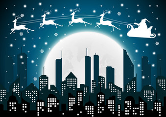 Fototapeta premium Christmas with Santa Silhouette of the city and night with full moon at the sky.vector