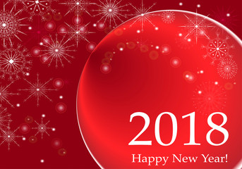 Happy New Year 2018 lettering design vector greeting illustration. Winter red white holiday background with snowflakes and  christmas ball for postcards, banners, cover design,invitations.  
