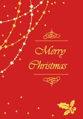 Merry Christmas and happy new year, greeting card. Red Christmas background with luminous garland. 