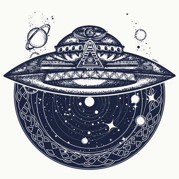 Ufo space ship and universe tattoo and t-shirt design. Paranormal Activity, first contact ufo