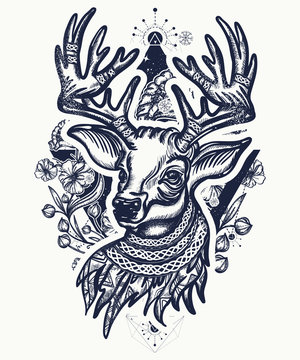 Christmas deer and art nouveau flowers tattoo and t-shirt design. Reindeer head. Symbol of winter, new year, Christmas. Beautiful reindeer portrait tattoo art