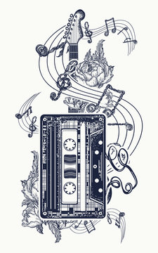 Audio cassette, guitar music notes tattoo and t-shirt design. Retro music, nostalgia, 80th and 90th. Old audio cassette, roses flowers and music notes, guitar, symbol of rock music t-shirt design