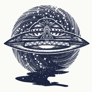 Ufo ship in space among stars tattoo art vector. Ufo in universe. Star river. Freemason and spiritual symbols. Alchemy, occultism, spirituality and esoteric tattoo