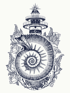 Lighthouse, roses and sea shell tattoo. Freemason, spiritual, illuminati, secret and mystical signs tattoo. Lighthouse in the storm, and ammonite fossil t-shirt design