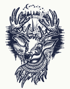 Deer and winter forest tattoo and t-shirt design. Christmas reindeer and compass. Symbol of winter, new year, Christmas. Beautiful reindeer portrait tattoo art