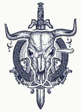 Skull bull and ancient sword tattoo. Symbol of force, courage. Scandinavian mythology. Viking tattoo art print t-shirt design