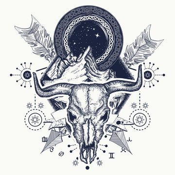 Mountains and bison skull tattoo and t-shirt design. Native American bull skull symbol of secret knowledge, Shamanism. Soul of prairies, usa wild west style tattoo