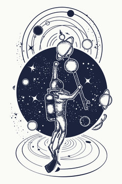 Astronaut in deep space and universe t-shirt design. Diver floats in space tattoo art. Symbol of science, research, space travel. Diver catches planets in space