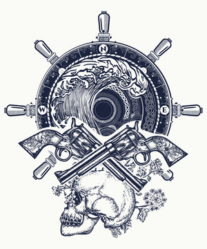 Old skull pirate steering wheel crossed revolvers t-shirt design. Pirate, crossed guns, skull, sea waves tattoo art. Symbol sea adventures