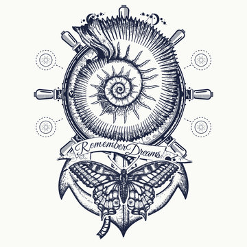 Sea shell, ammonite, anchor, steering wheel, butterfly, tattoo art. Vintage anchor and steering wheel t-shirt design. Symbol of freedom, marine adventure tourism. Slogan follow dreams