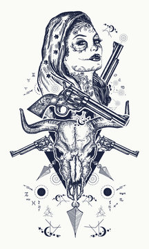 Mexican criminal tattoo and t-shirt design. Wild west woman, bull skull, revolvers, crossed arrows tattoo. Santa muerte girl. Sugar Skull. Santa Muerte mexican woman, old revolvers, crime scene