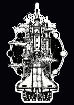 Space ship and magic castle tattoo art