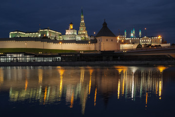 view of Kazan Kremlin from the banks of the river in the evening
