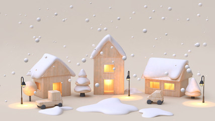 abstract house-city-village wood toy winter new year concept snow and lamp light 3d rendering