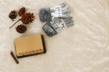 Empty note and woolen gloves over cozy and warm fur carpet. Scandinavian style design. Top view.