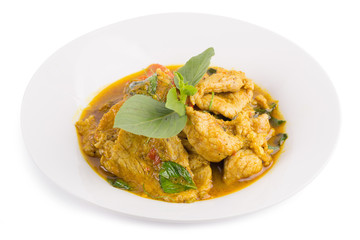 Fried pork with Chilli Curry, Thai spicy Food isolated on white background