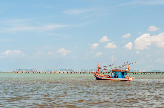 Thai traditional wooden fishing boat in Siam gulf