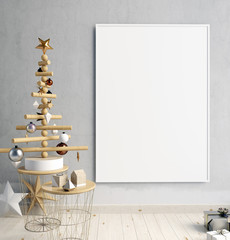 Modern minimalistic Christmas interior, Scandinavian style. 3D illustration. poster mock up