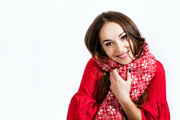 Winter christmas holidays Smiling girl red scarf white background new year