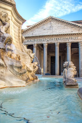 Fototapeta na wymiar Ancient Roman Pantheon temple, view from fountain - Rome, Italy