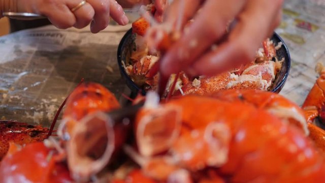 A family cracking fresh lobster for their dinner