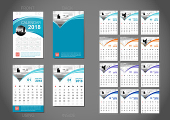 Calendar 2018 template design, blue cover, Set of 12 Months, Vector design stationery template.