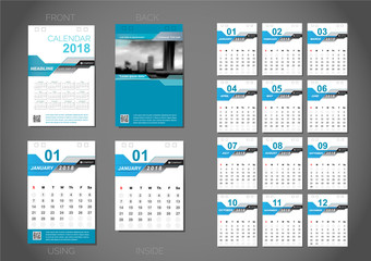 Calendar 2018 template design, blue cover, Set of 12 Months, Vector design stationery template.