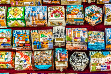 Fototapeta na wymiar Collection of Souvenirs of colorful magnets with Istanbul popular landmarks