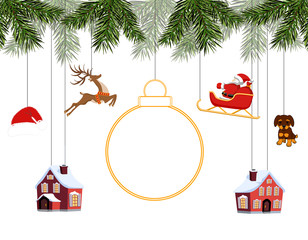 New Year Christmas. Various toys hanging on spruce branches, Santa on sleigh, Santa hat, deer, houses, dog. Place for text, advertising. illustration