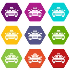 Taxi car icon set color hexahedron