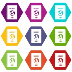 Passport icon set color hexahedron