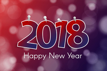 Happy New Year 2018 greeting card concept with paper cuted white numbers on pins. Vector illustration
